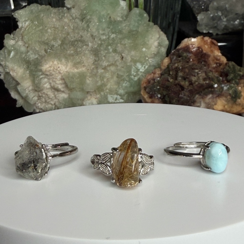 Set of Three Gemstone Copper Band Rings Rutile, Larimar, Tourmalinated Quartz